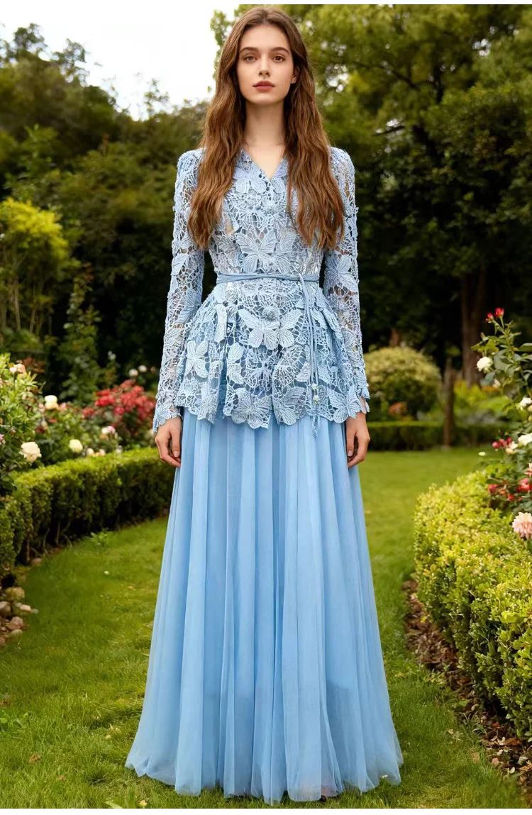 ชุดเซ็ตฤดูใบไม้ร่วงสุดหรูสำหรับผู้หญิง เสื้อลูกไม้ปักลายฉลุ กระโปรงยาวผ้าทูลล์ชีฟอง 3 ชิ้น ชุดฤดูร้อนแบบสองชิ้น