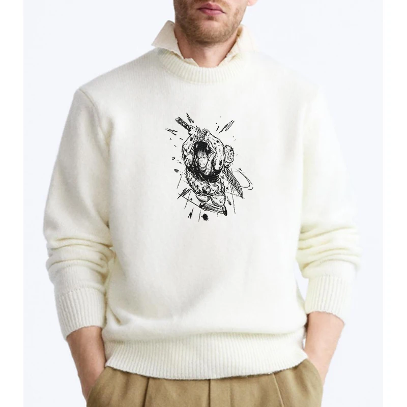 

White Sweater Hip-hop Cartoon Pattern New Retro Loose Knit Sweater Pullovers Y2K Fashion Men's Women's Winter Gothic Sweaters