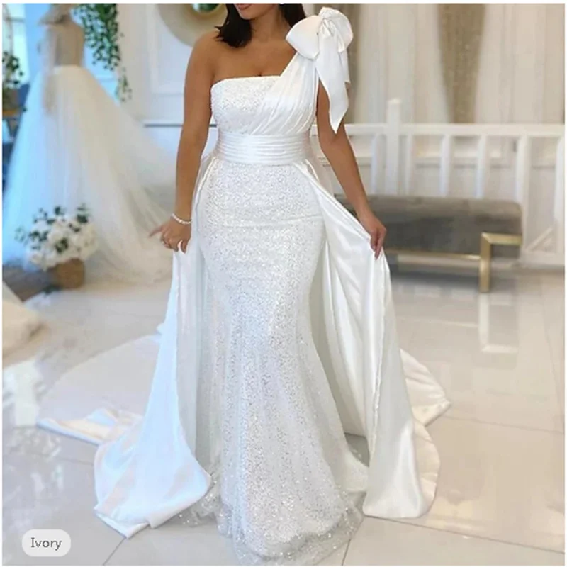 

Hall Wedding Dresses Mermaid One Shoulder Sleeveless Chapel Train Sequined Bridal Gowns With Bow(s) Sequin 2025 Customized