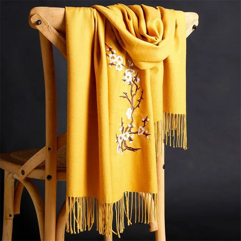 

LaMaxPa 2018 New Winter Warm Solid Scarf For Women/Lady Soft Wool Pashmina Shawls Flower Embroidery Cashmere Female Wraps Capes
