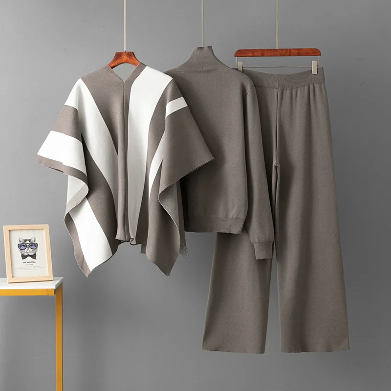 ALPHALMODA, 2025, moda francese, abito lavorato a maglia a righe, scialle + maglione a collo alto + pantaloni a gamba larga, abito elegante da donna 3 pezzi
