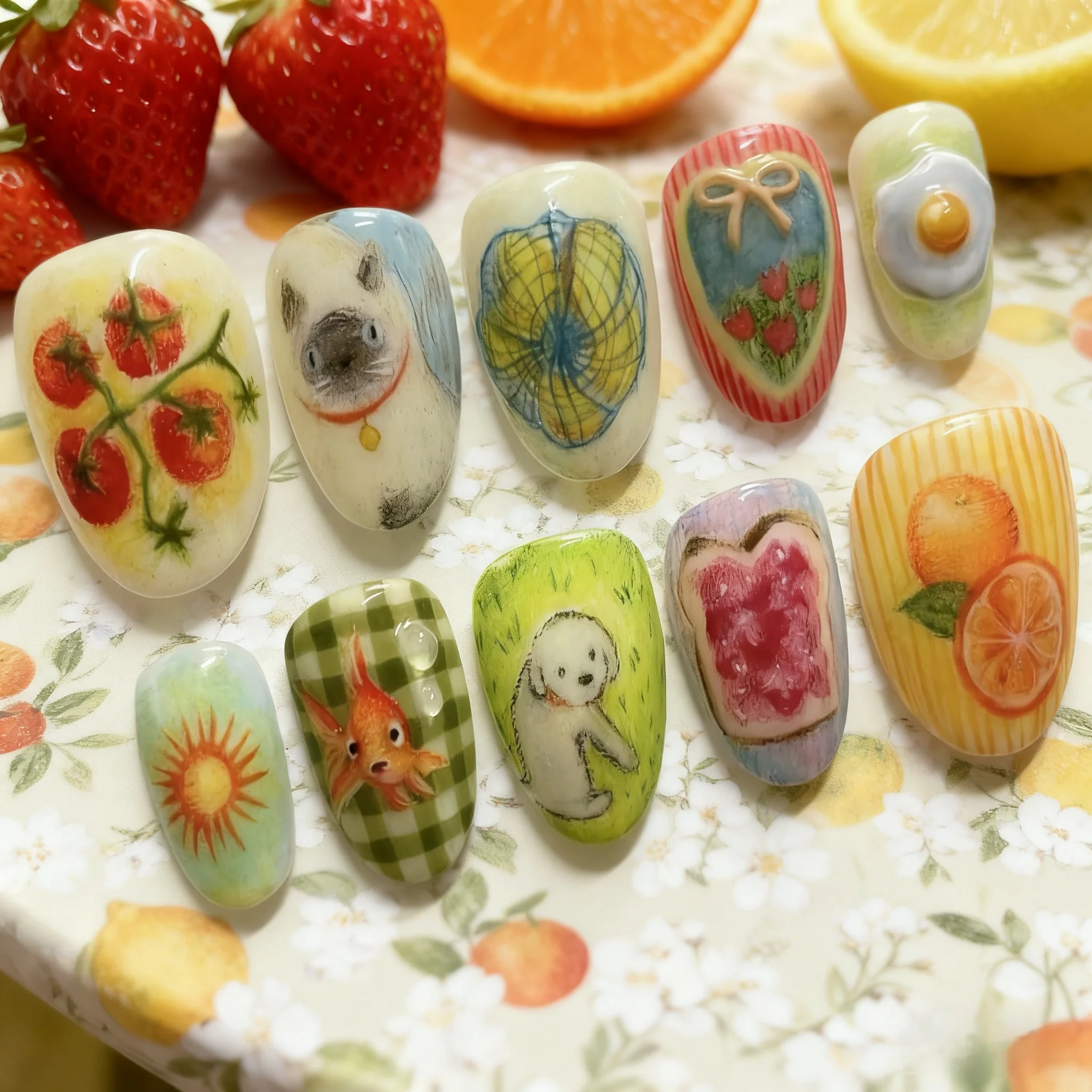 

24 шт., милые мультяшные накладные ногти в винтажном стиле кантри, носимые короткие накладные ногти с миндальными фруктами и принтом для девочек