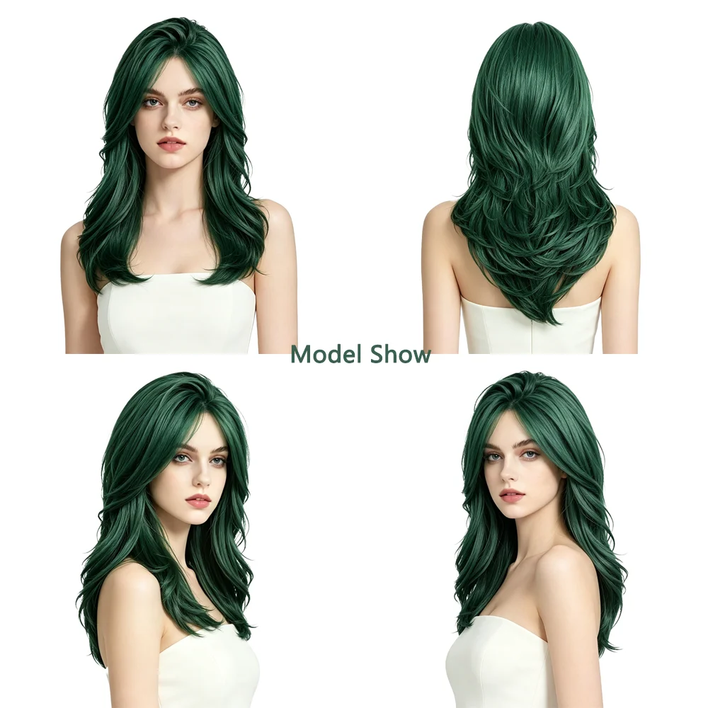 Fashion Dark Green Wig 50cm Medium Long Wavy Curly Wig Natural Looking Synthetic Full Head Wig For Women Party Cosplay Daily Use