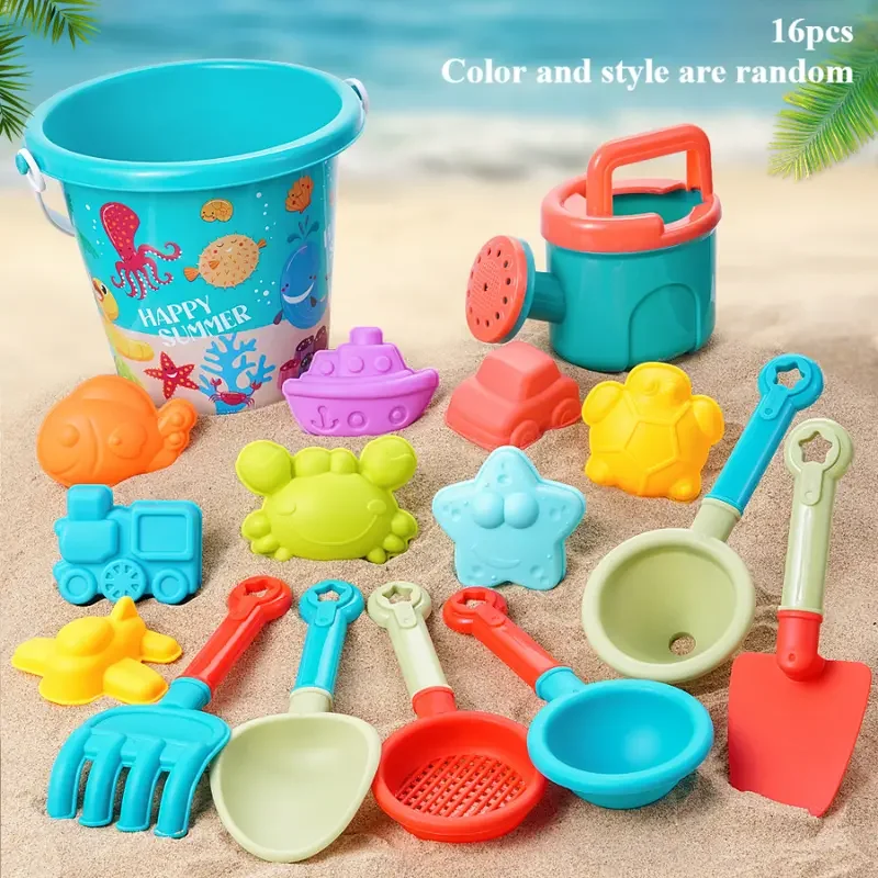 

16pcs Children's Beach Toy Set Baby Playing In Water And Beach Large Sand Shovel Beach Bucket Sand Digging Tool Sand Toys