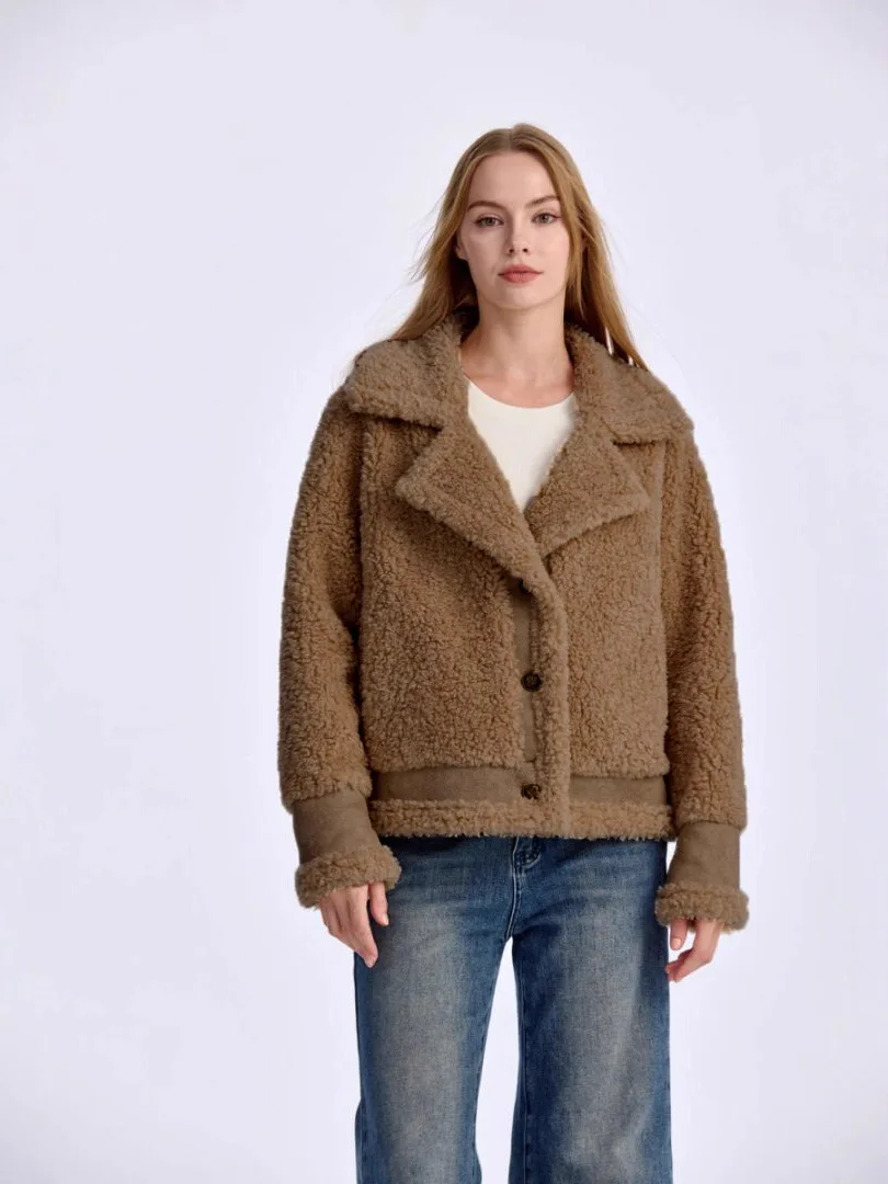 Women's Khaki Faux Shearling Jacket Notch Collar Button Front Ribbed Hem Cuff Long Sleeve Vegan Fur Coat Casual Date Winter