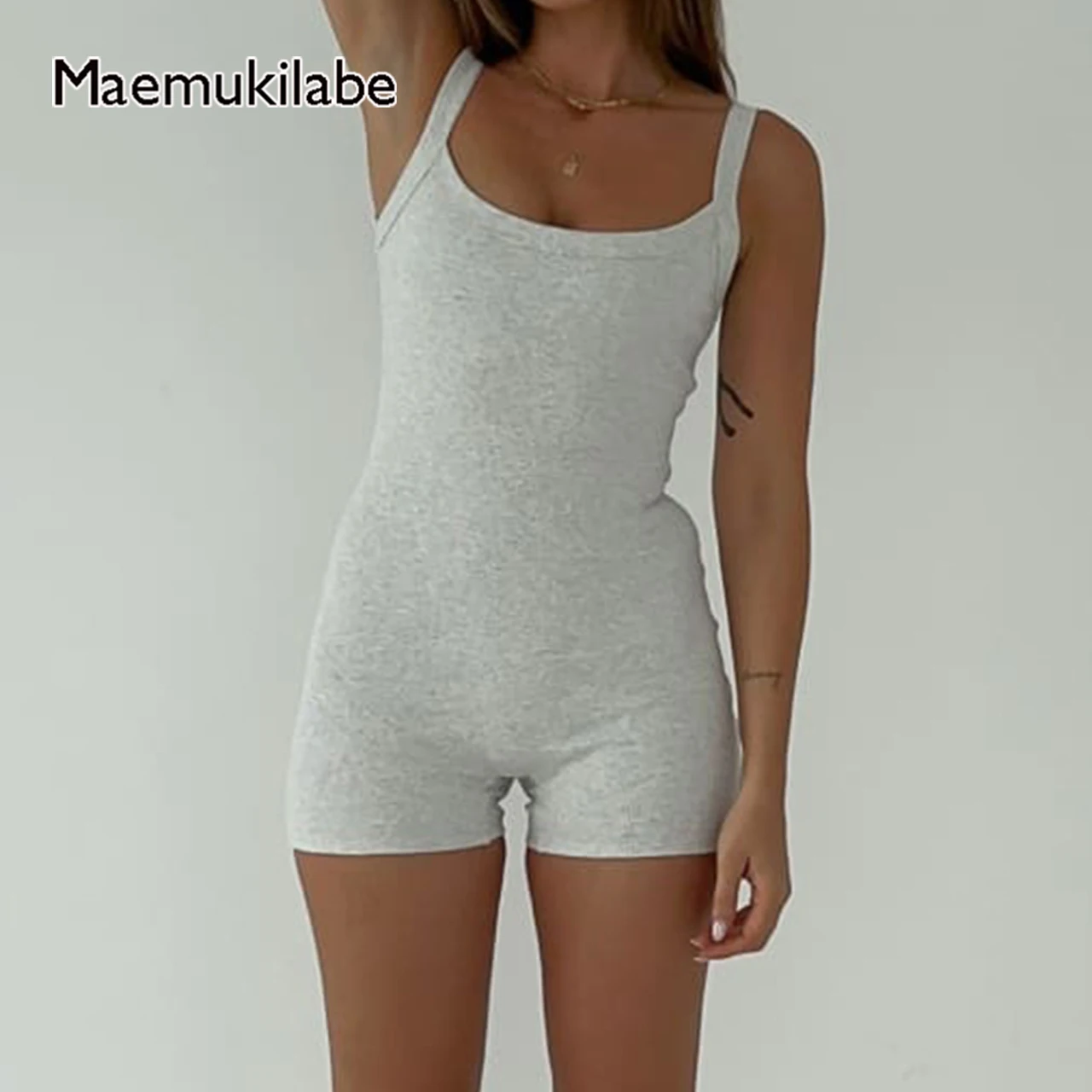 Maemukilabe Summer Rib Knitted Playsuit Women Sleeveless Skinny Romper Short Jumpsuit Wrap Bodycon Female Playsuit Overalls