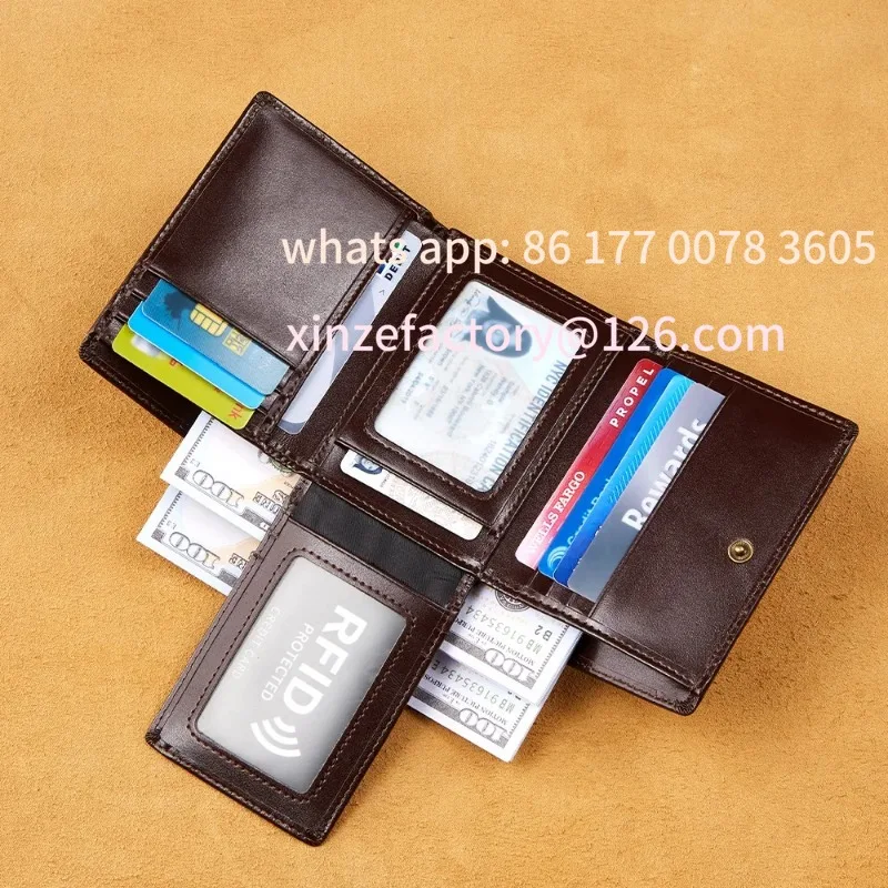 

Customizable Retro Oil Wax Head Layer Cowhide Men's Wallet Anti-Theft Card Swiping Three Fold Loose Leaf Large Capacity Multi