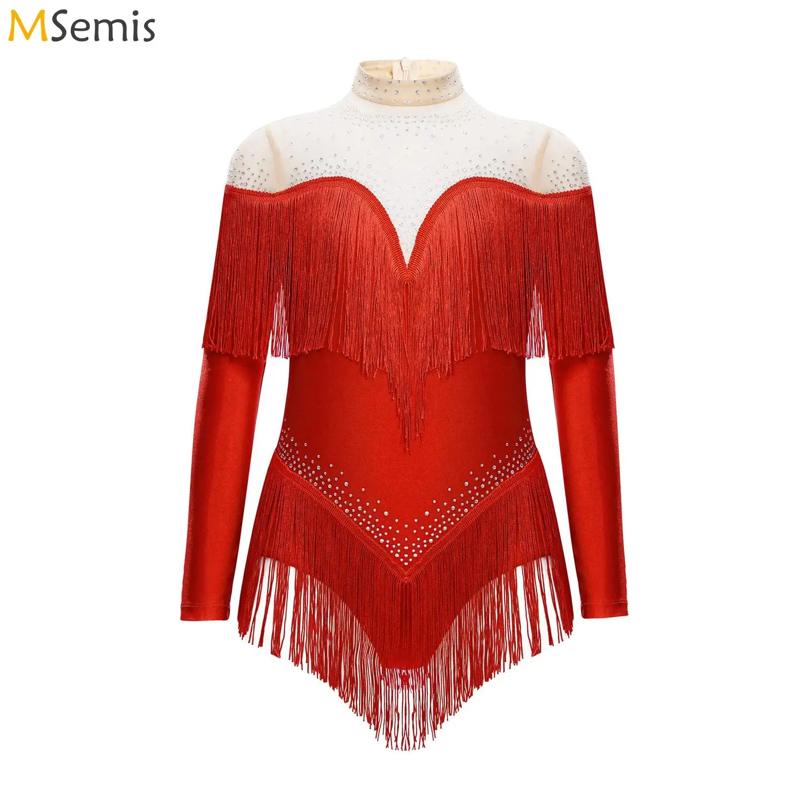 Bambini Ragazze Nappa Body da ballo latino Manica lunga Maglia trasparente Strass Tuta Sala da ballo Jazz Cha-Cha Tango Samba Dancewear