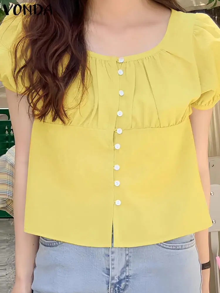 VONDA Women Elegant Shirts 2024 Summer Casual Short Sleeve Blouses Buttons Solid Color Pleated Tunic Tops Loose Blusas Femininas