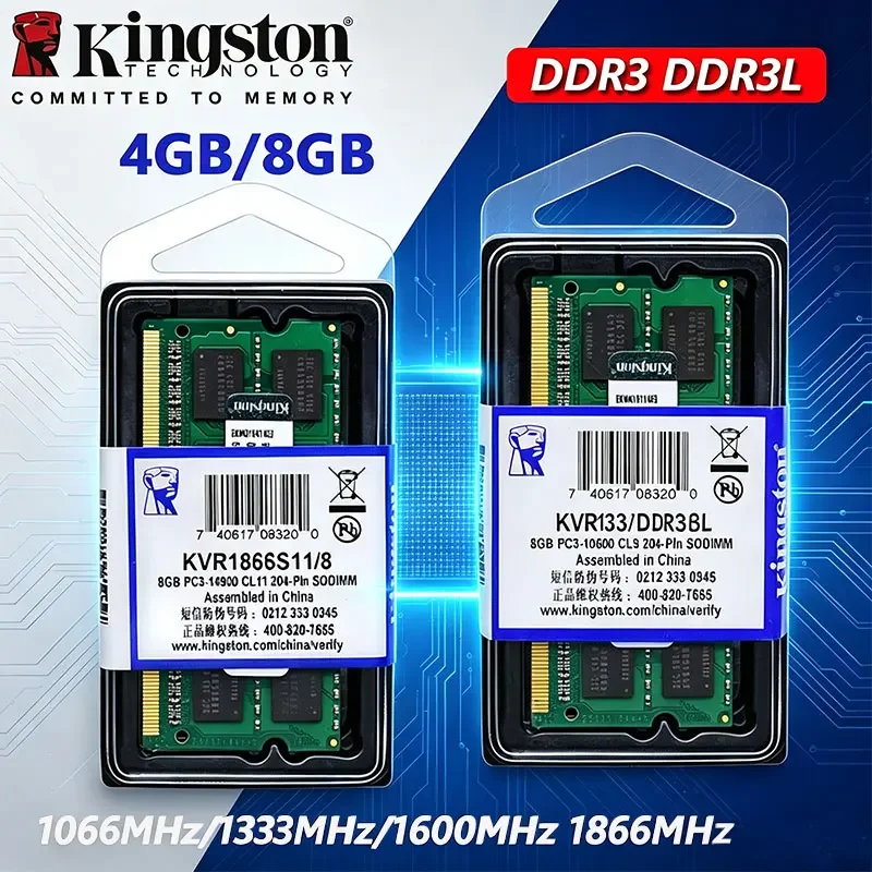 Kingston Laptop Ram DDR3L DDR3 8GB 4GB 1066Mhz 1333Mhz 1600Mhz 1866Mhz SO-DIMM PC3-8500 10600 12800 Notebook DDR3 Dual Channel