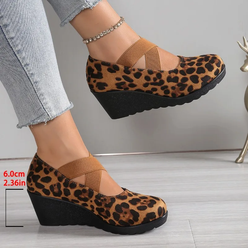 French Leopard Print Mary Jane Round-toe Platform Flat Fashion Women's High-heeled Shoes