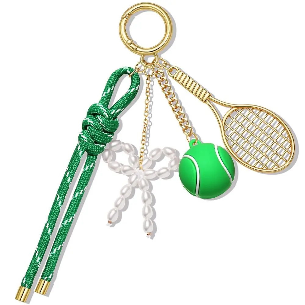 Stylish Nylon Rope Sports Ball Charm Sports Theme Pearl Bow Purse Keychain Charm Enamel-Like Braided Cord Handbag Charm Car Keys