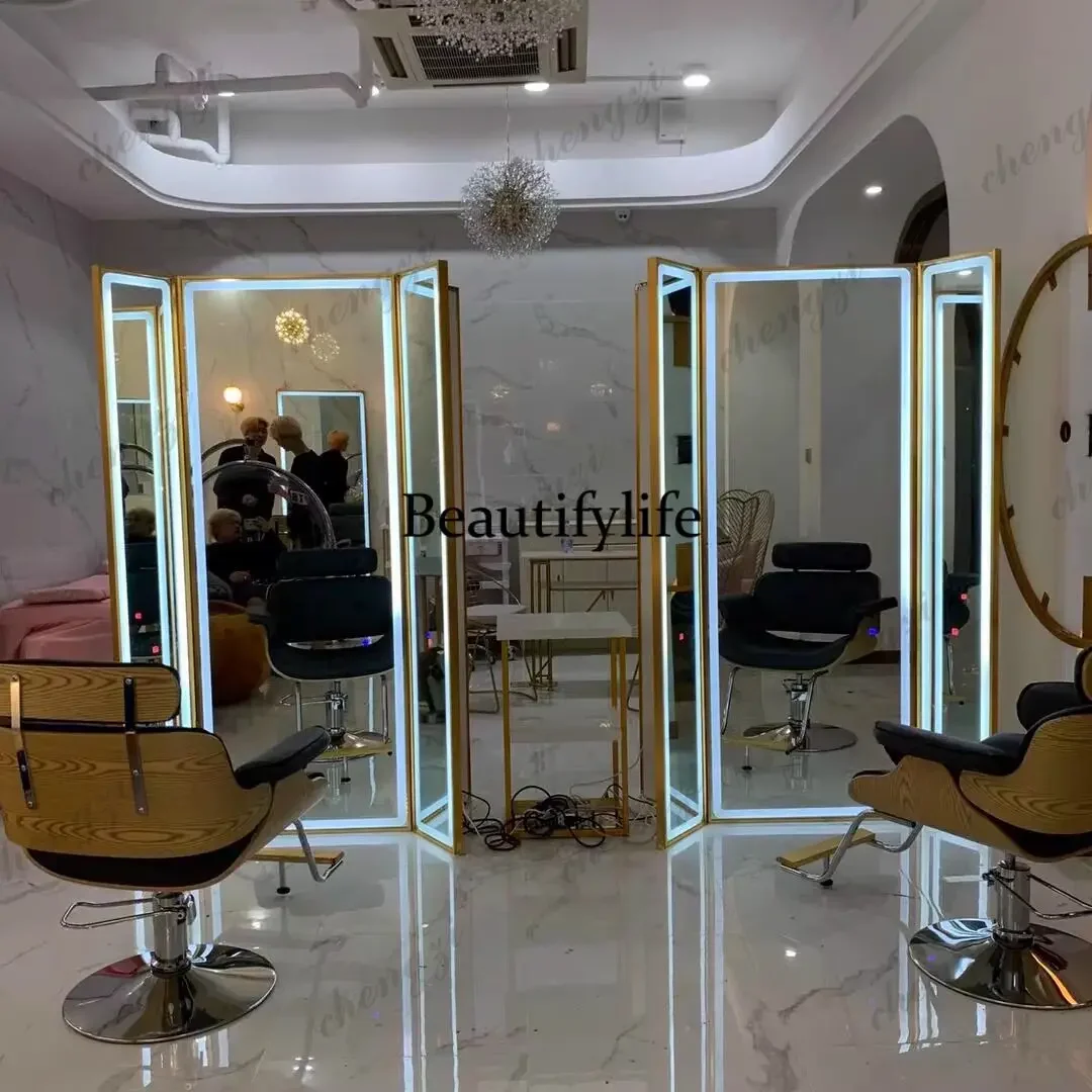 K153 Hair salon dedicated minimalist barbershop floor-standing three-sided folding perm, dye, and haircut mirror