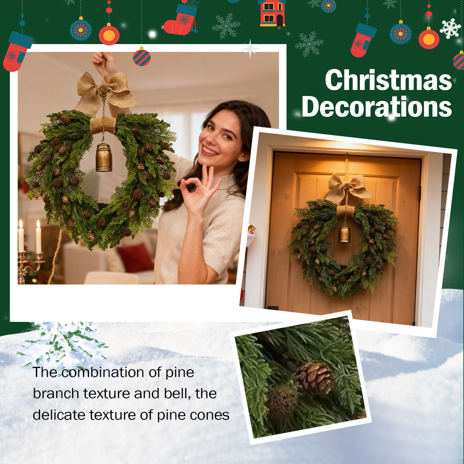 

Рождественский венок Norfolk PE, мягкая резиновая текстура, иглы и ананас, рождественские украшения, искусственная норвежская сосна, входная дверь