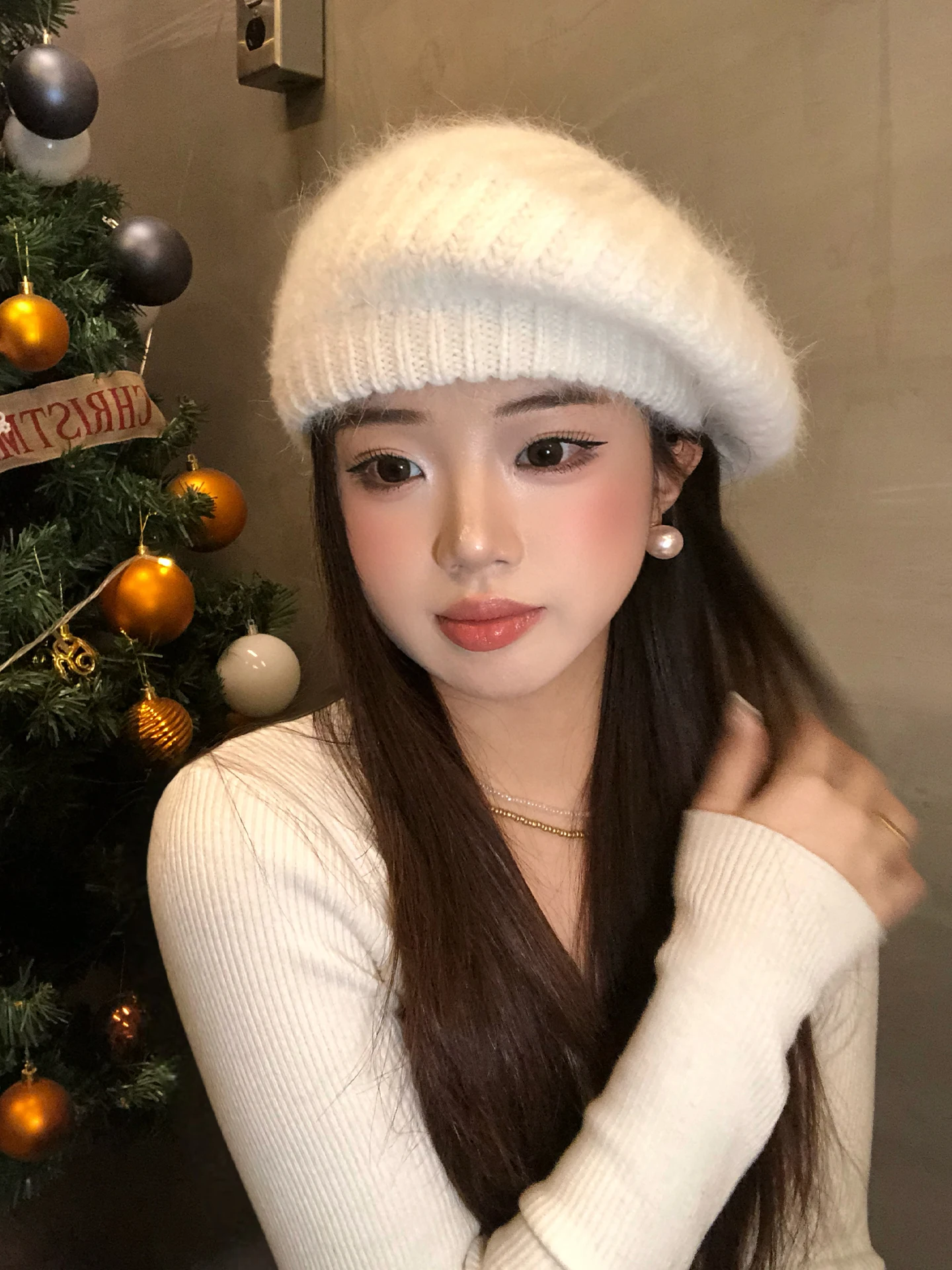 Warm Knitted Beret Hat Women's Autumn Winter Large Circumference Face Slimming Artist Style Cap Stylish Korean White Beanie