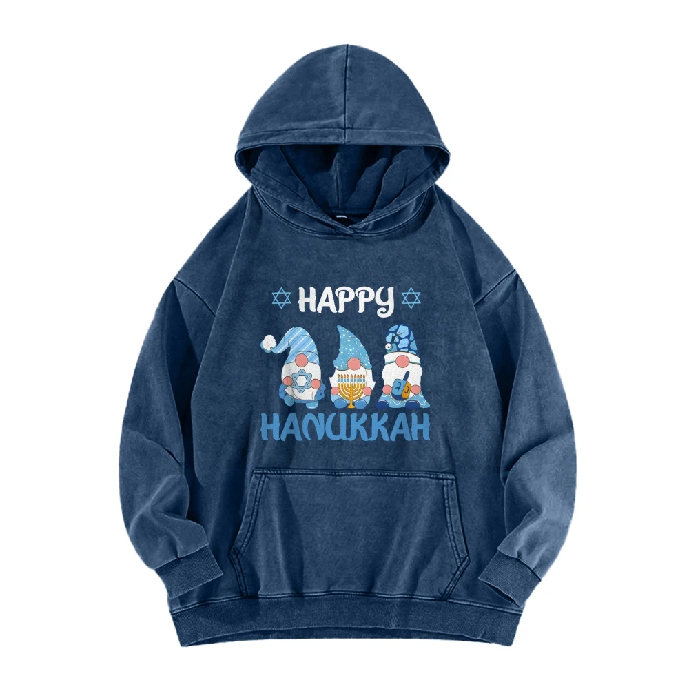 HAPPY HANUKKAH Casual Washed Hoodie Cartoon-Style Dwarves in Festive Attire Celebrate Hanukkah Pullovers Vintage Retro Top Women