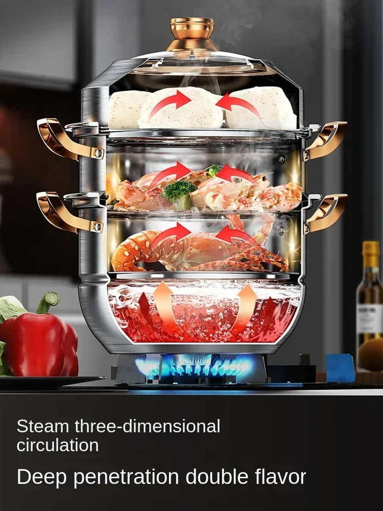 304 stainless steel steamer thickened household 316 steamer tray, three layers, large capacity cooking and stewing induction