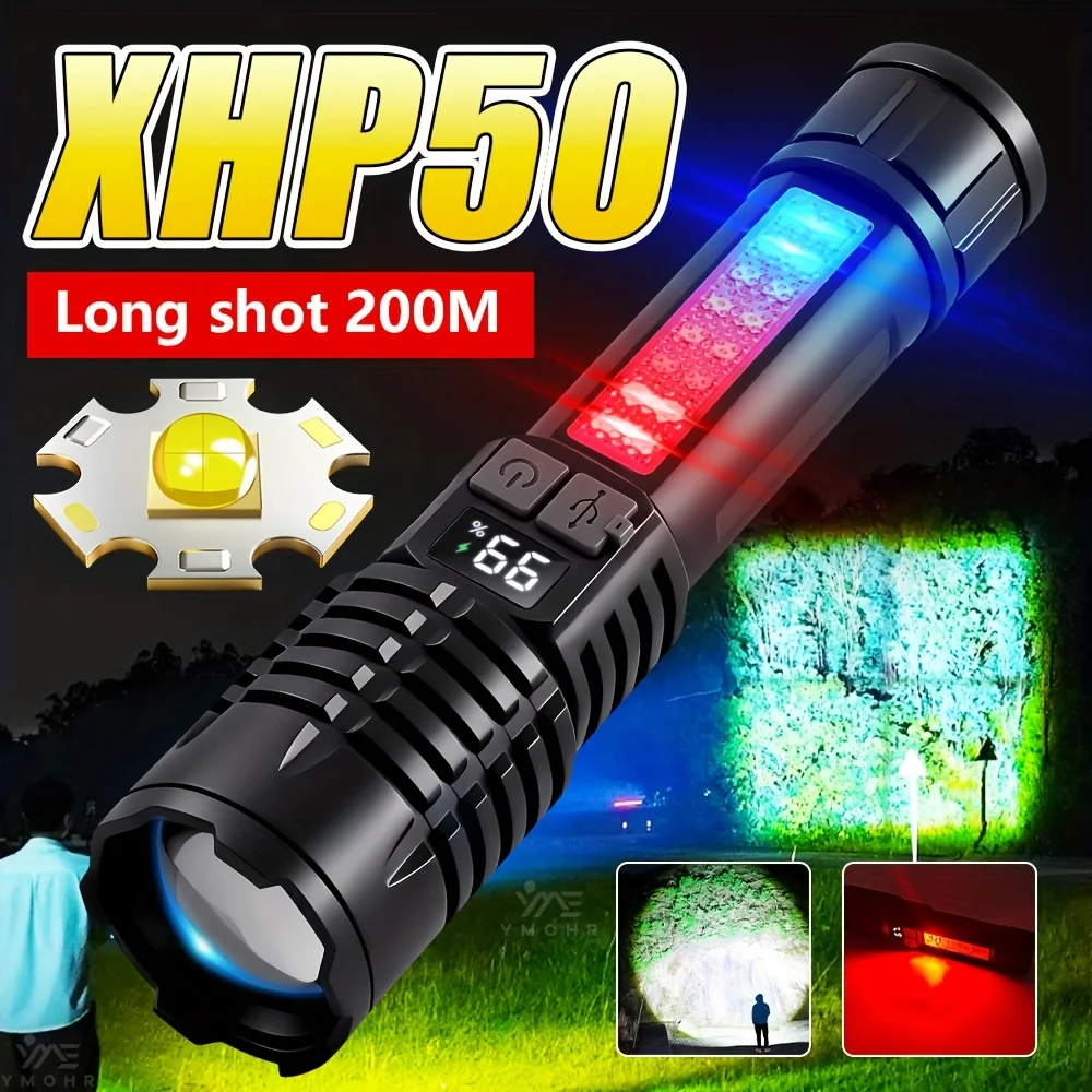 High Power LED Flashlight Portable Zoom Torch Type-C Rechargeable Waterproof Light with COB Side Lamp for Outdoor Camping Hiking