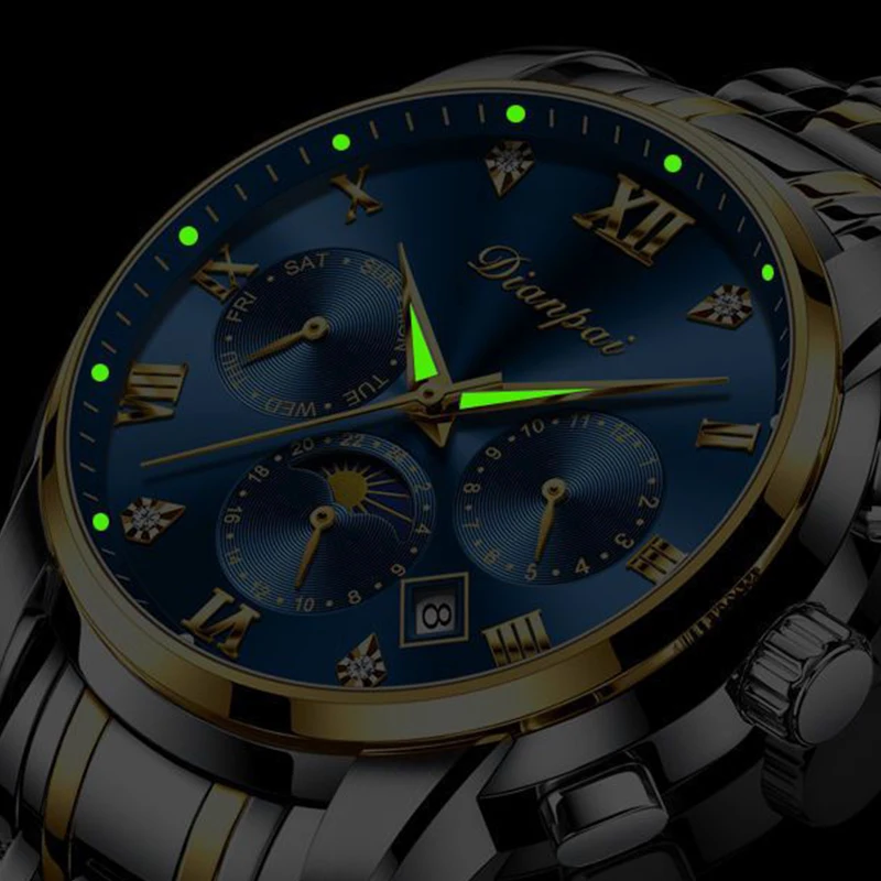 Dianpai calendário de três olhos e seis agulhas pulseira de aço inoxidável relógio mecânico automático luminoso relógio masculino da moda