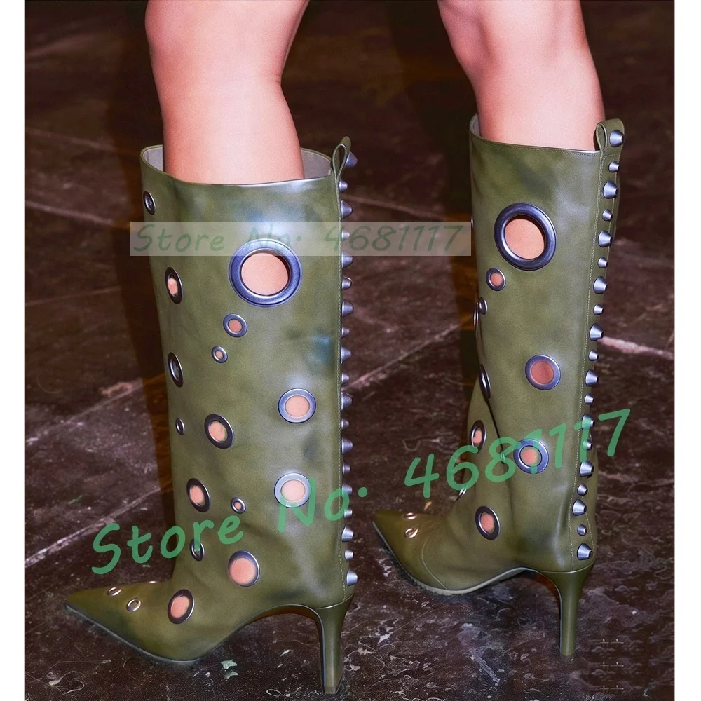 

Армейские зеленые сапоги до колена с металлическими люверсами, женские широкие сапоги до колена с острым носком и заклепками сзади, женские пикантные туфли на высоком каблуке с шипами