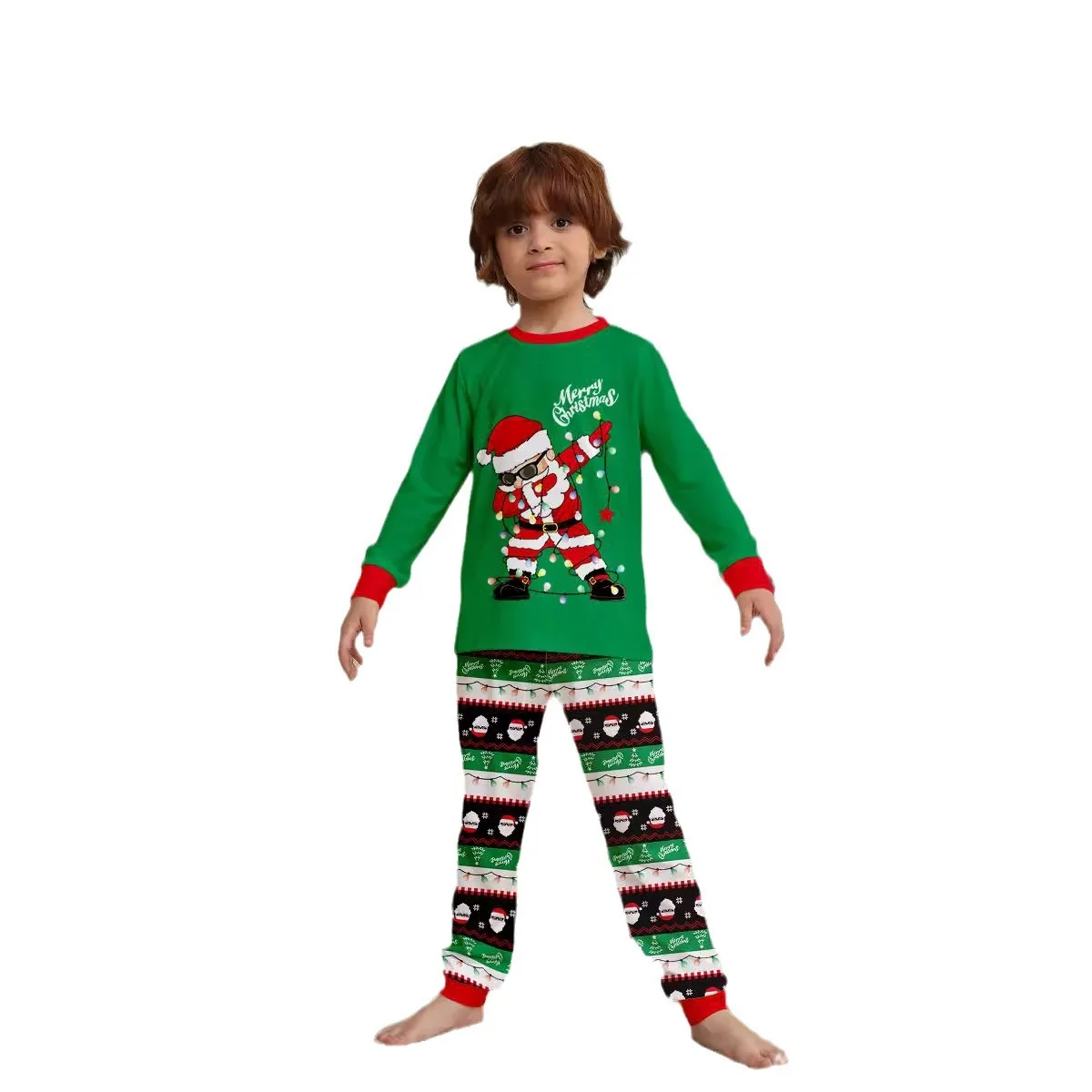 2024 new Europe and the United States ebay new Santa Claus green printed family long sleeve pajamas set home suit 2 sets