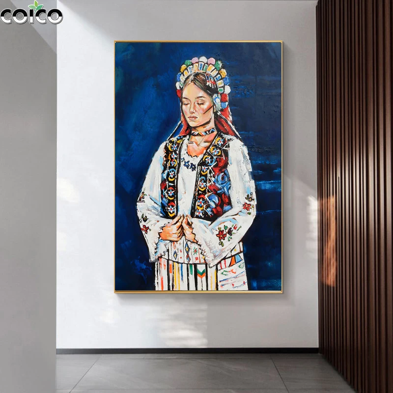 Blue Tribe Woman Canvas Oil Painting with Frame Watercolor Girls Figure Posters and Prints Living Room Wall Art Decor Picture