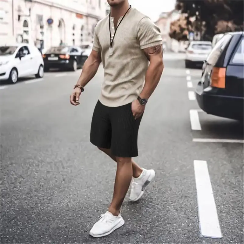 تي شيرت وشورت مخطط للرجال ، رقبة مستديرة ، أكمام ، فضفاضة ، أحادية اللون ، كاجوال ، رياضي ، جديد ، الصيف ، 2 طقم قصير #5