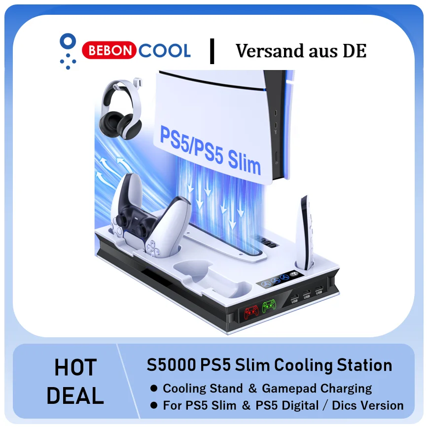 BEBONCOOL S5000 Vertical Stand For PlayStation 5 Slim/PlayStation 5 Cooling Station Notebook-Grade Cooler PS5 Gamepad Charger