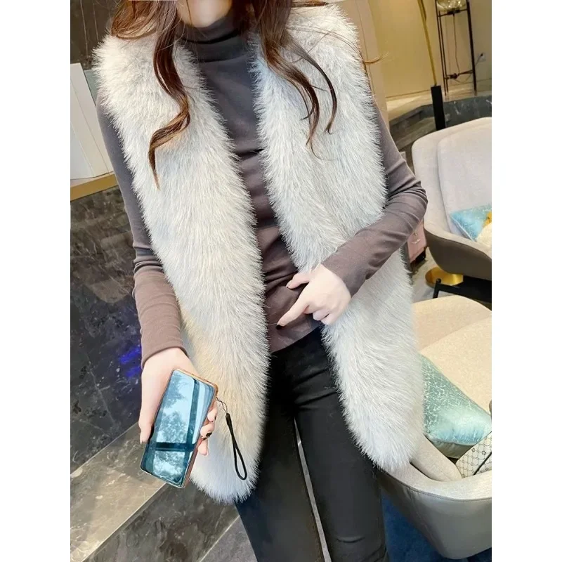 Luxury Fashion Women Medium Long Faux Fox Fur Vest Autumn Winter Sleeveless Fake Fur Vests