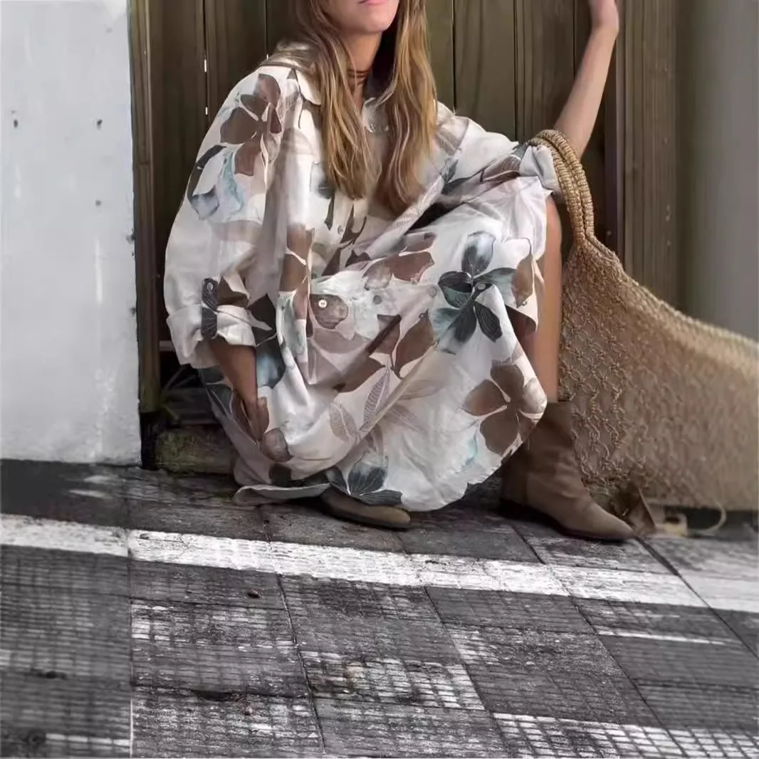 فستان نسائي ملابس نسائية موضة أنيقة فساتين الحفلات المسائية فستان من القطن والكتان فستان فضفاض مطبوع برقبة على شكل حرف V