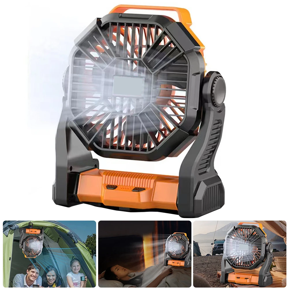 

Portable Camping Fan with LED Lantern 5200mAh Battery Operated Hanging Fan 90°Head Rotation Quiet Tent Fan Power Bank Desk Fan