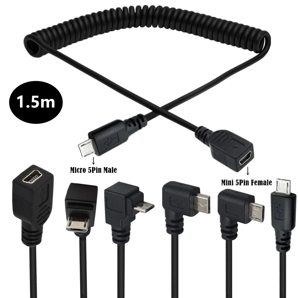 Spiral Coiled USB Mini 5 Pin Female Jack To Micro USB 5pin 5P Male Left Right Up Down Bend Stretch Spring Curl Flexible Cable