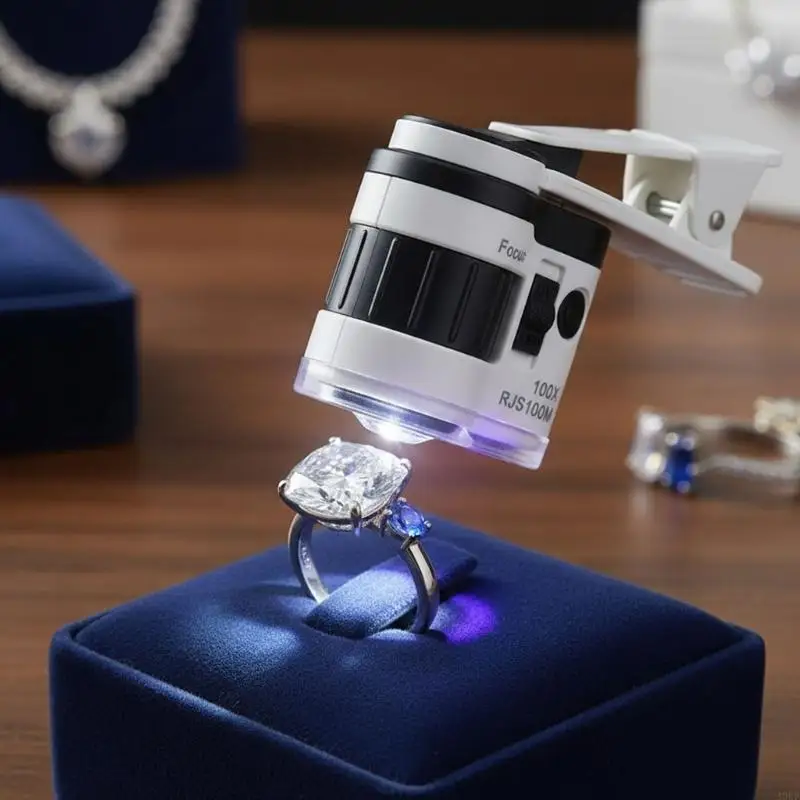 ترقيات مجهر التكبير 100X مع مصباح LED أبيض وضوء مدمج في مشبك الهاتف لفحص المجوهرات A0KF