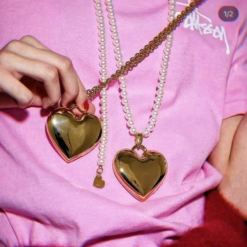 Large metal open and close heart long strap bag necklace