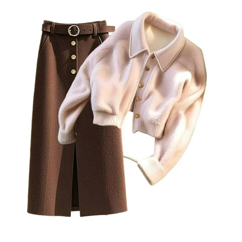 الخريف الشتاء الكورية نمط أنيق الراقية واحدة الصدر معطف قصير الاسترخاء بنطلون المألوف قطعتين مجموعة للنساء #3