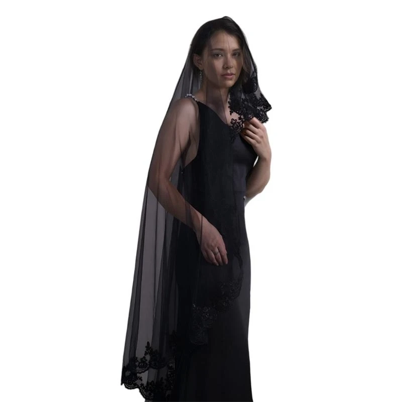 39BD Hochzeit Schleier Kopftuch Spitze Schwarz Schleier Braut Haar Zubehör Schwarz Mantilla – Detail 1