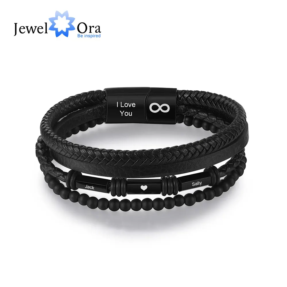 

Personalized Engrave Name Multilayer Bracelets for Men Customized Black Leather Beaded Chain Bracelet Gifts for Father Boyfriend