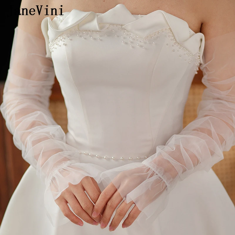 JaneVini Sheer Tulle เจ้าสาวถุงมือยาวสําหรับผู้หญิง Fingerless เจ้าสาวงานแต่งงานที่ถอดออกได้แขน 50 ซม.ถุงมือเย็นงาช้าง