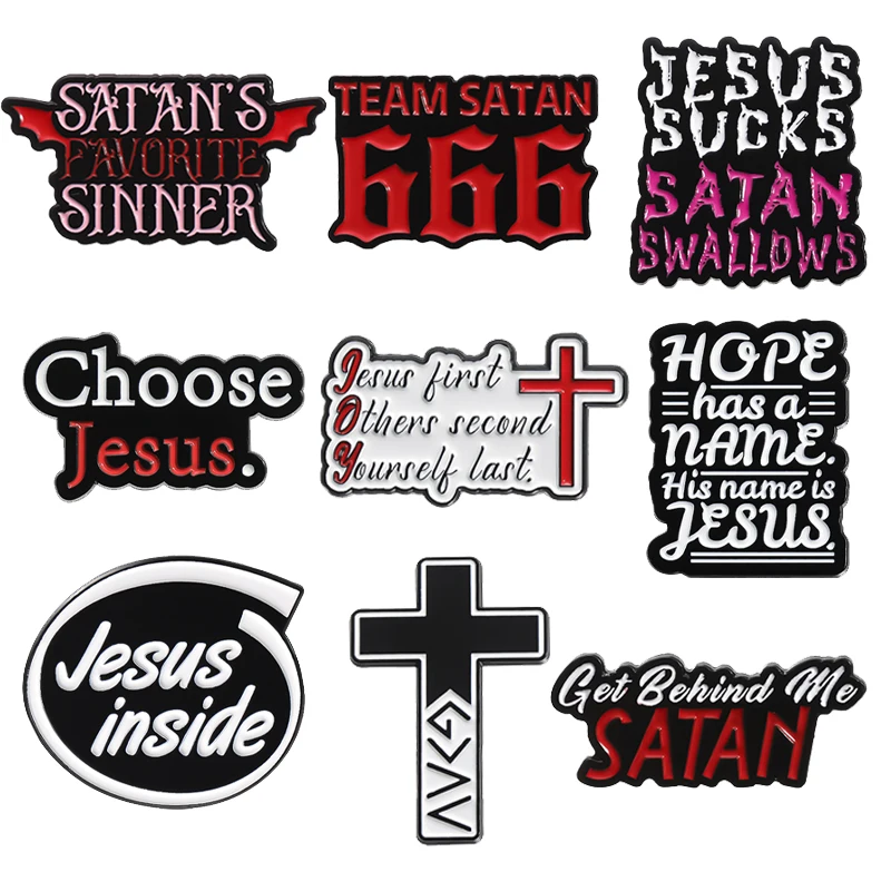 

Christ Jesus Creative Enamel Pin Get Behind Me Satan Cartoon Cross Brooches Metal Hard Lapel Badge Jewelry Wholesale Accessories