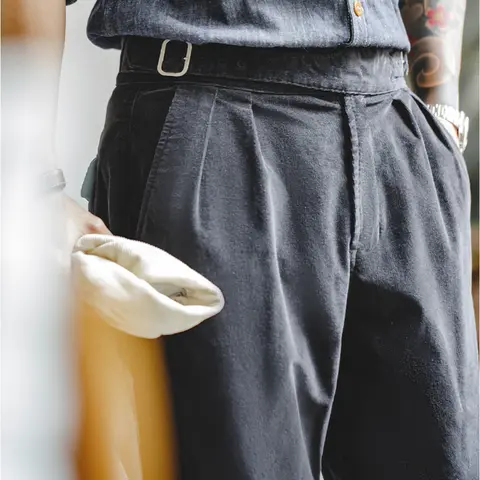 Maden 남성 빈티지 코듀로이 구르카 팬츠 조절 가능한 더블 허리 탭 캐주얼 팬츠 솔리드 컬러 스트레이트 레그 카키 팬츠