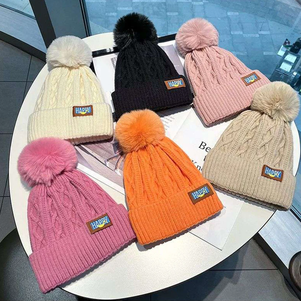 Winter Warm Fashion Beanies Knitted Hats For Women Girls Faux Fur Ball Wool Skullies Caps Embroidery Cold-Proof Fleece Lined Hat