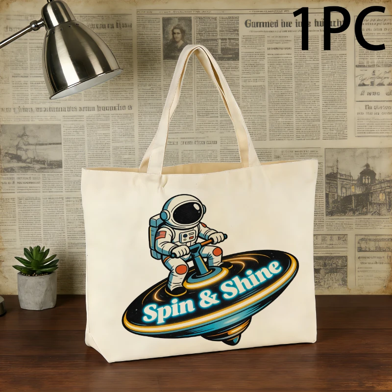 

1pc Creative Astronaut Pattern Canvas Bag White Handheld Eco friendly Bag Large Capacity Handbag