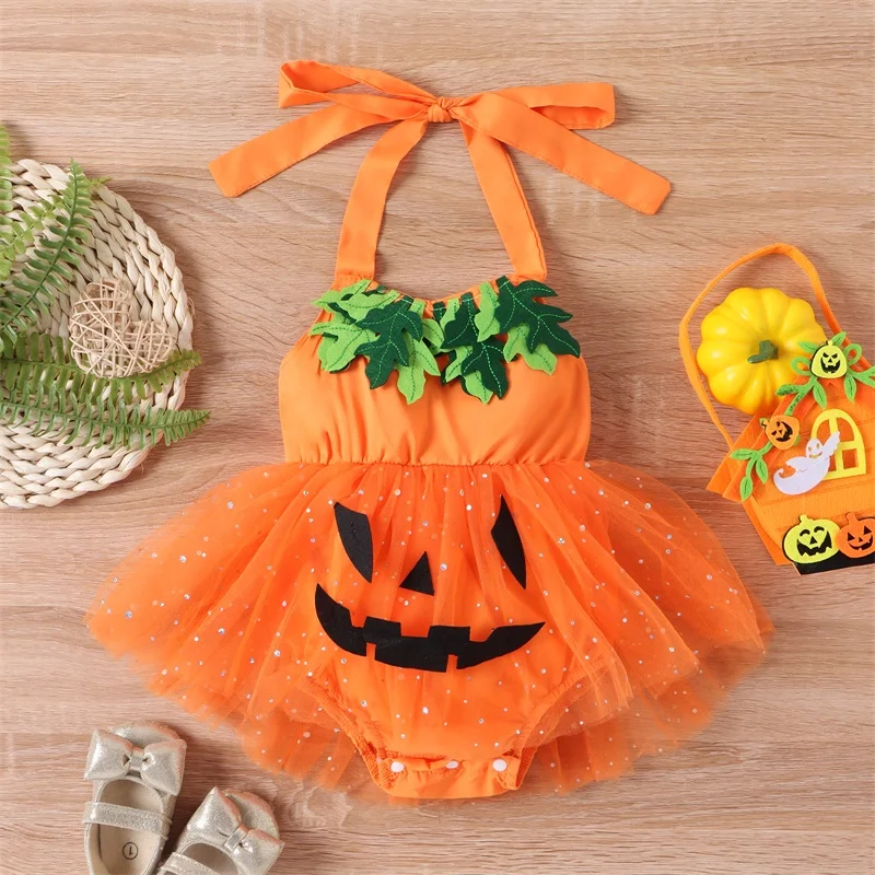 

Toddler Infant Baby's Clothes Girls Halloween Romper Dress Pumpkin Pattern Sleeveless Halter Sequin Jumpsuit with Skirt Hem