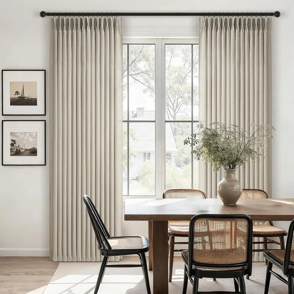 96 rideaux en lin beige gris clair avec plis pincés pour salon et chambre à coucher, 2 panneaux semi-transparents, longueur 8 pieds, filtrage de la lumière