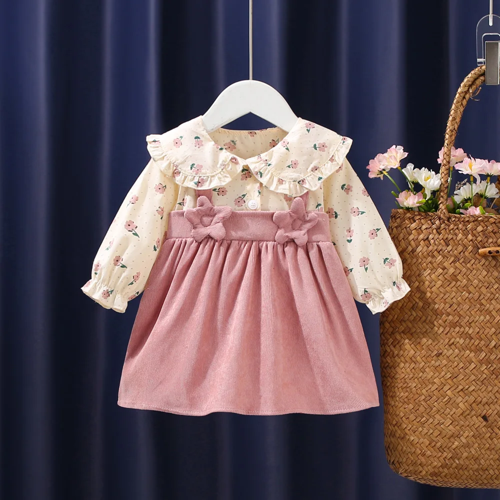 Autumn New Newborn Girls Long Sleeve Dress Cartoon Fragmented Flower Lapel Baby Princess Dress Flower Strap Dress