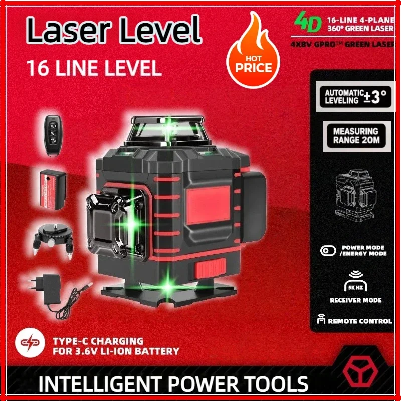 

2026 New 4 Sides*360 Degree Vertical Laser Level Green Beam Self-leveling Vertical 16 Lines Cross Line Lase Tool with Battery
