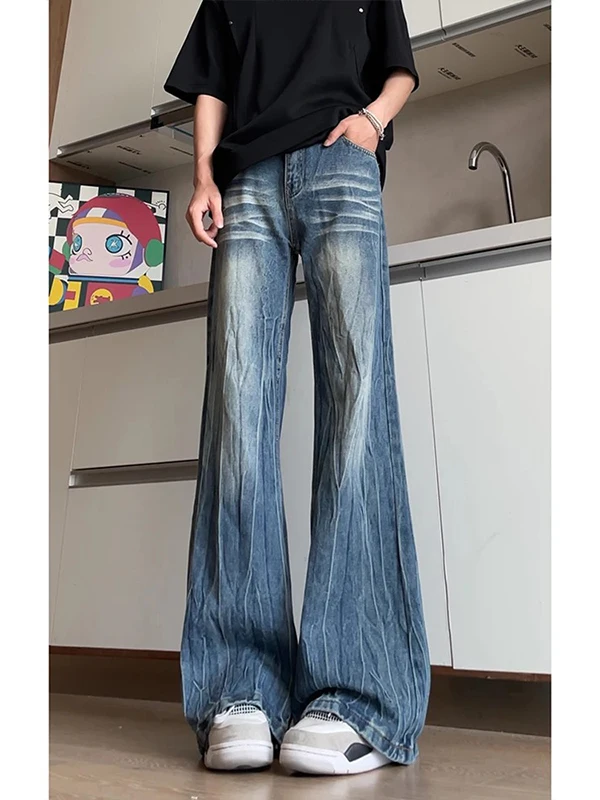 

Мужские летние тонкие джинсы с узором «молния», прямые брюки CleanFit в американском стиле High Street, слегка расклешенные