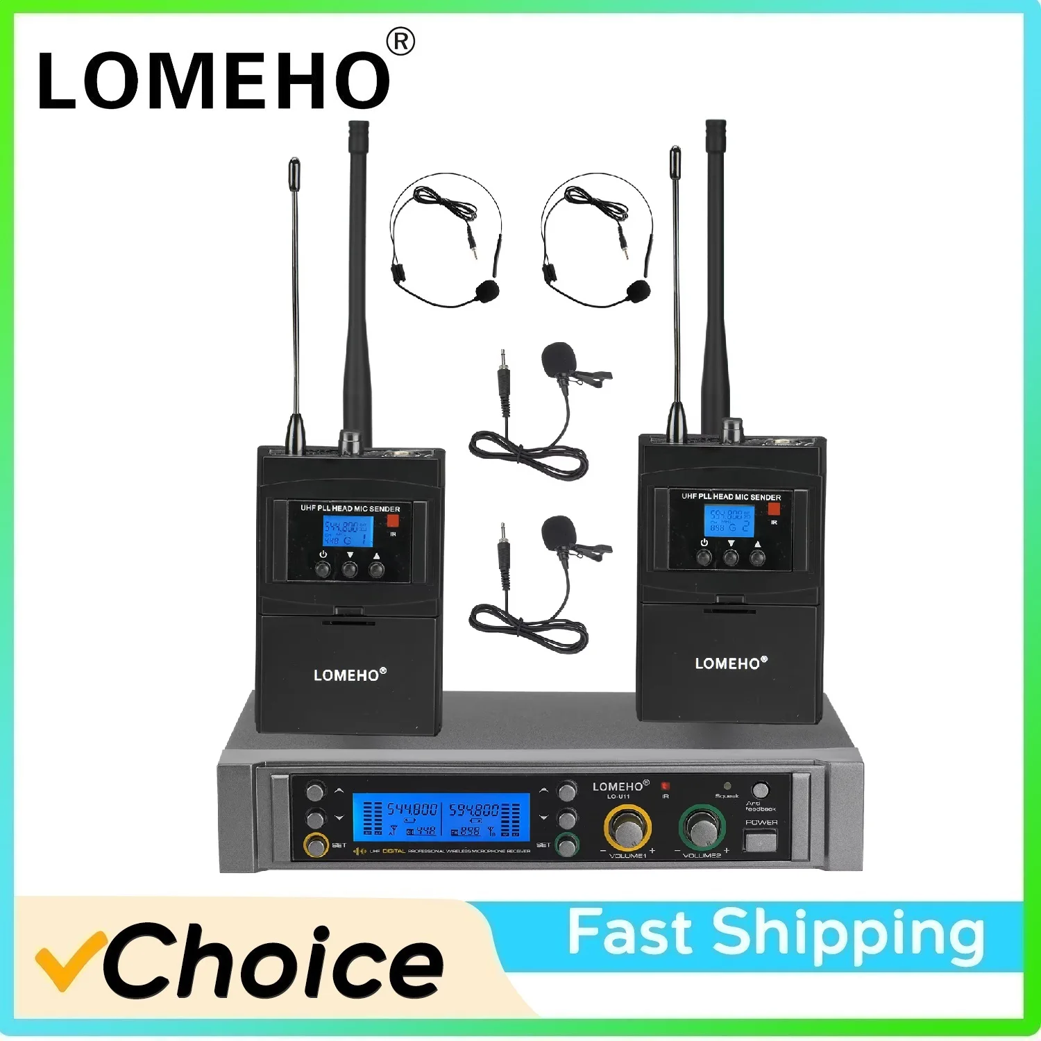 LOMEHO UHF Wireless Microphone 2 Ways 450 Channels 50M Adjustable Frequency Anti-feedback Mute Bodypack Transmitter Mic LO-U11H2