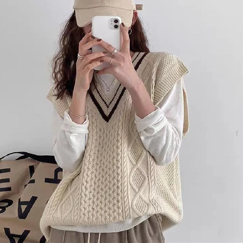 Retro V-neck Knitted Vest Women Wear College Style Autumn and Winter Wear Autumn and Winter Twist Sweater Vest