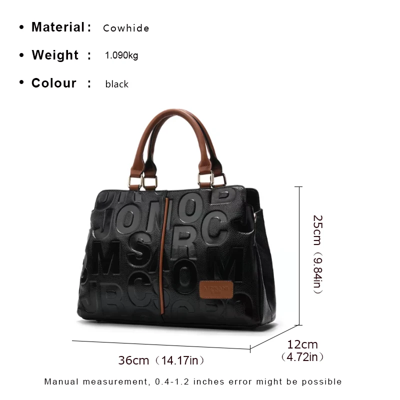 Aidrani Fashionable women\'s genuine leather bag, large capacity handbag, letter printed design cowhide shoulder bag